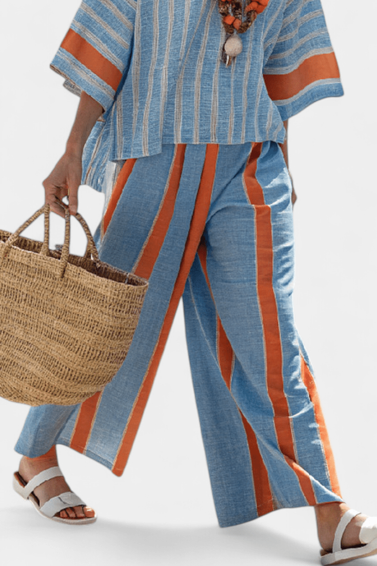 Velmere | Sophisticated Terracotta Striped Top & Linen Pants - Benjamin New York
