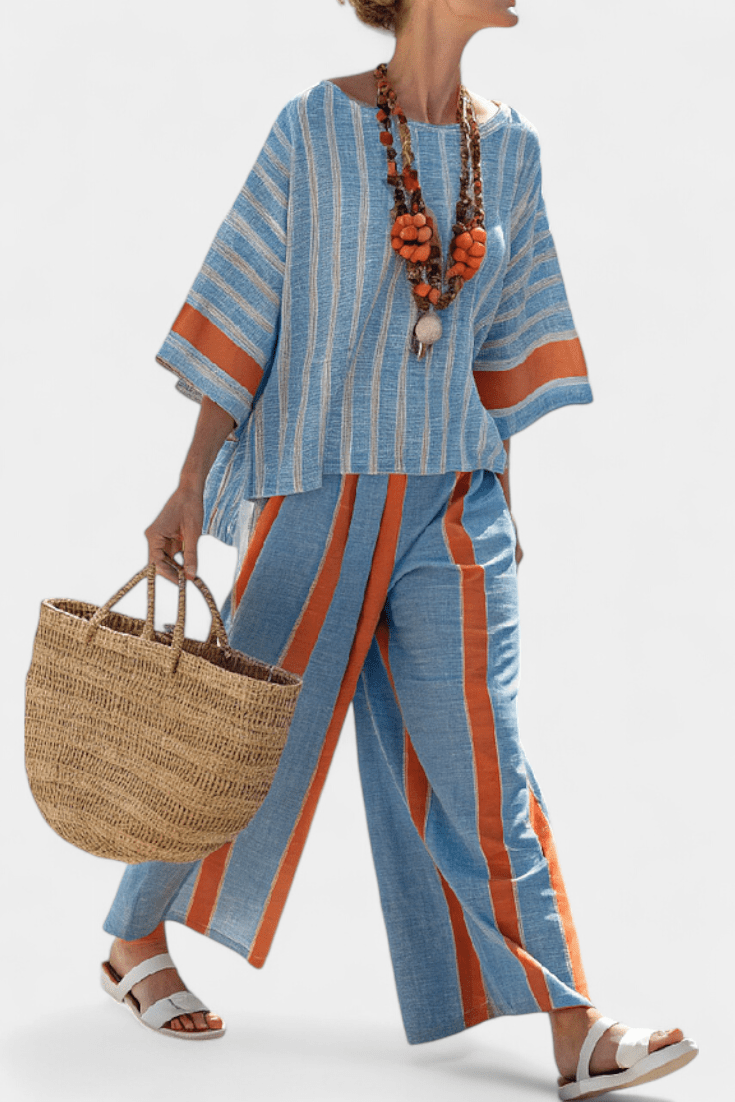 Velmere | Sophisticated Terracotta Striped Top & Linen Pants - Benjamin New York
