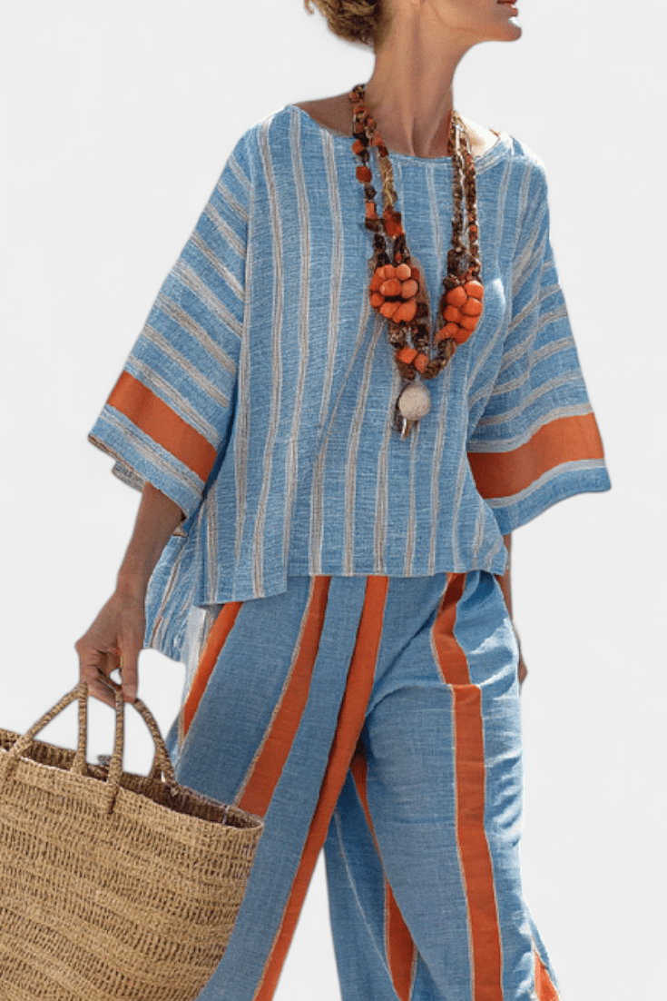 Velmere | Sophisticated Terracotta Striped Top & Linen Pants - Benjamin New York
