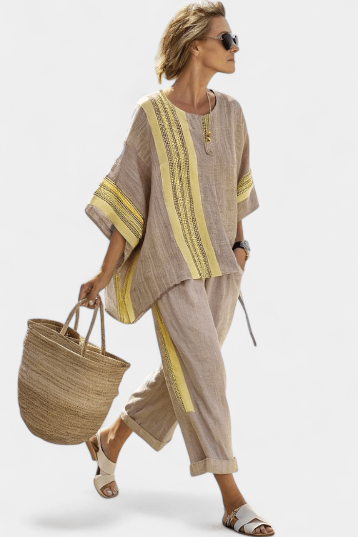 Elowric | Elegant Lavender Top & Mustard Striped Pants - Benjamin New York