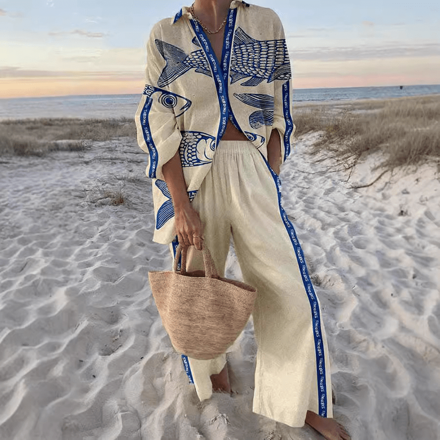 Hazel | Sky Fish Linen Loungewear Set - Benjamin New York