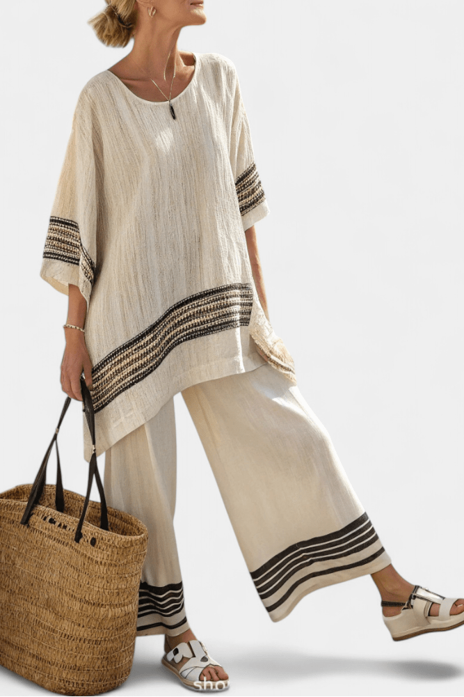 Harlowe | Elegant Black - Striped Linen Top & Flowing Pants - Benjamin New York