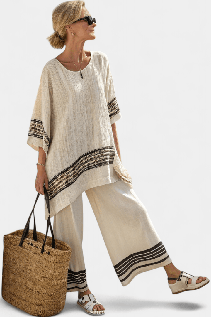Harlowe | Elegant Black - Striped Linen Top & Flowing Pants - Benjamin New York