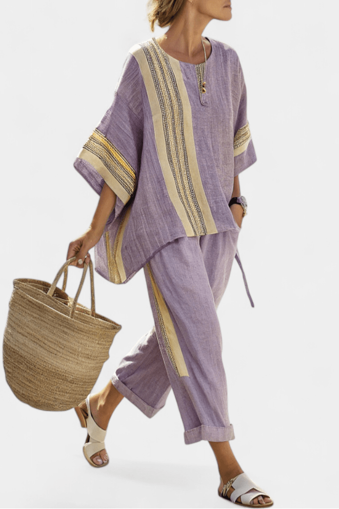 Elowric | Elegant Lavender Top & Mustard Striped Pants - Benjamin New York