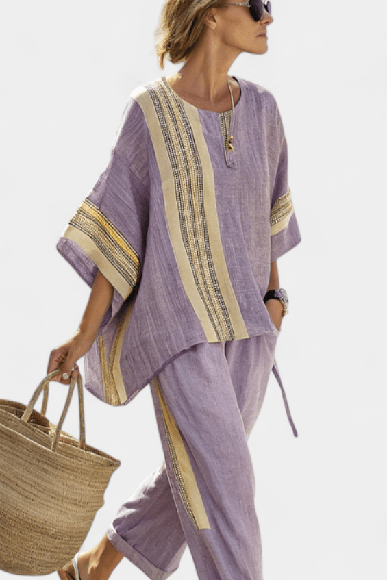 Elowric | Elegant Lavender Top & Mustard Striped Pants - Benjamin New York