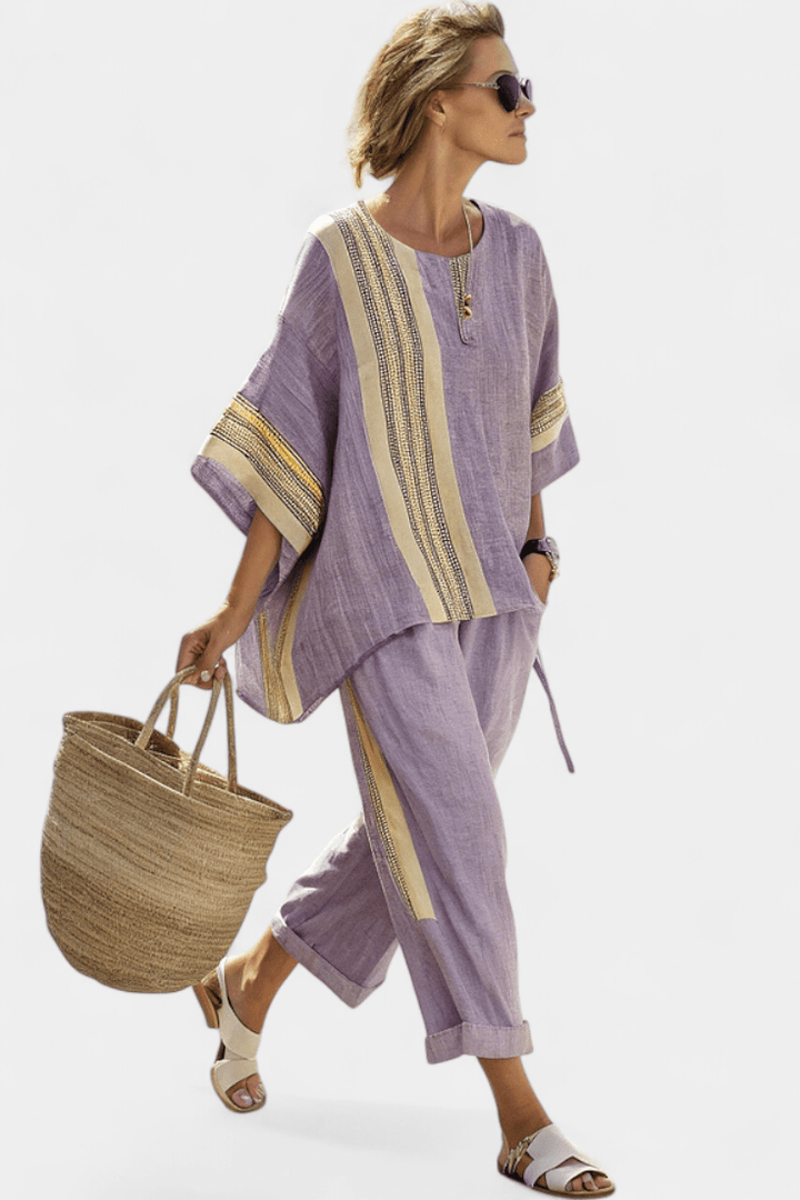 Elowric | Elegant Lavender Top & Mustard Striped Pants - Benjamin New York