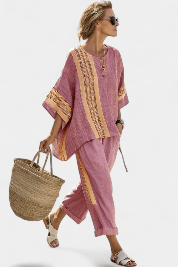 Elowric | Elegant Lavender Top & Mustard Striped Pants - Benjamin New York
