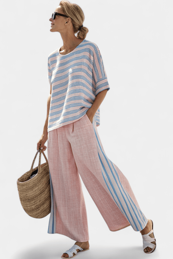 Virella | Elegant Pink - Blue Linen Blouse & Soft Pants - Benjamin New York