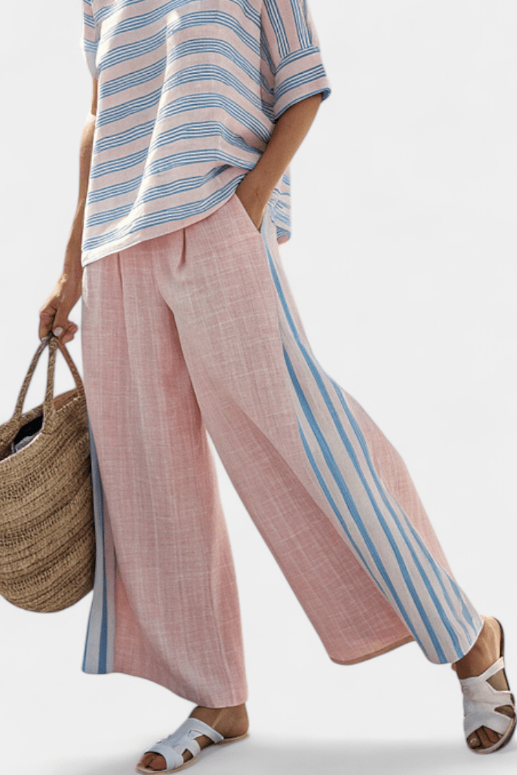 Virella | Elegant Pink - Blue Linen Blouse & Soft Pants - Benjamin New York