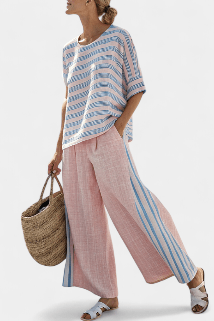 Virella | Elegant Pink - Blue Linen Blouse & Soft Pants - Benjamin New York