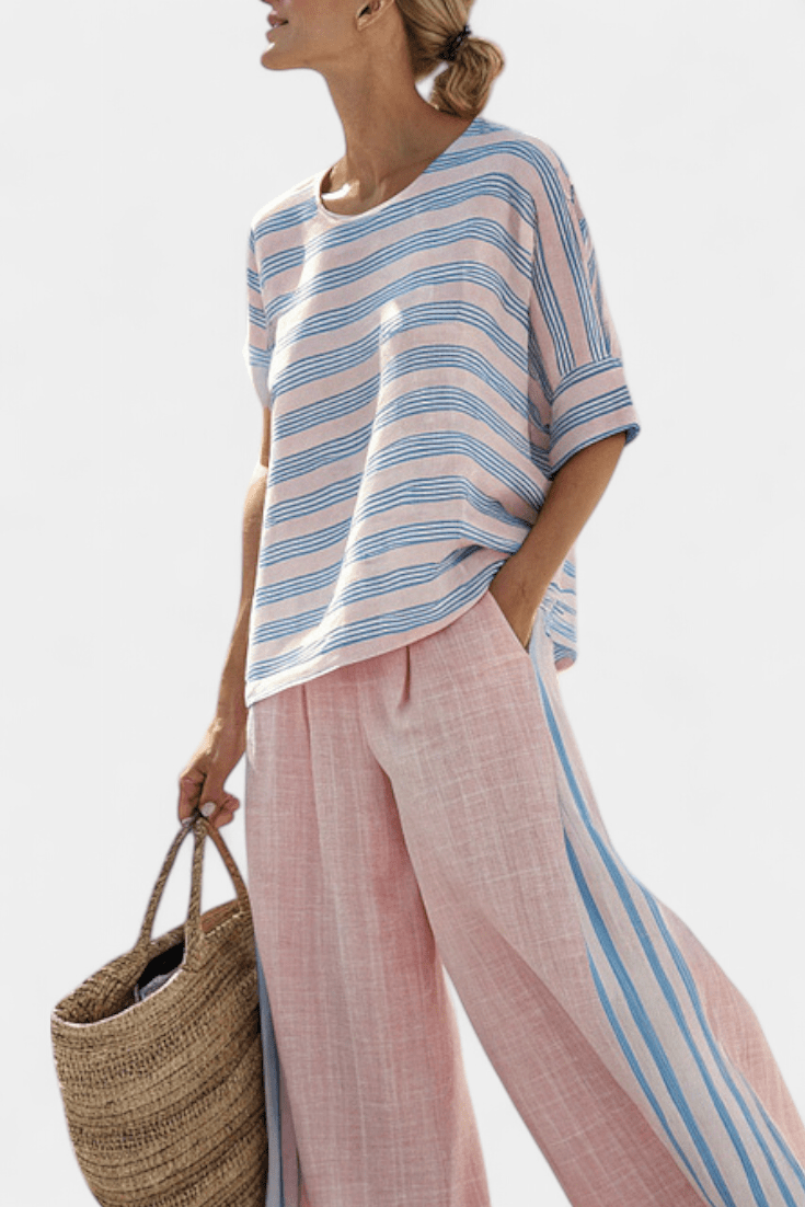 Virella | Elegant Pink - Blue Linen Blouse & Soft Pants - Benjamin New York