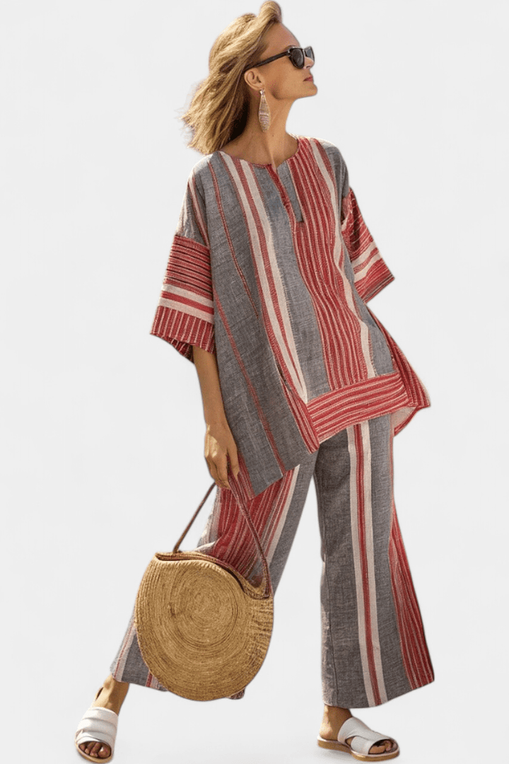 Bravine | Elegant Coral - Gray Linen Top & Wide - Leg Pants - Benjamin New York