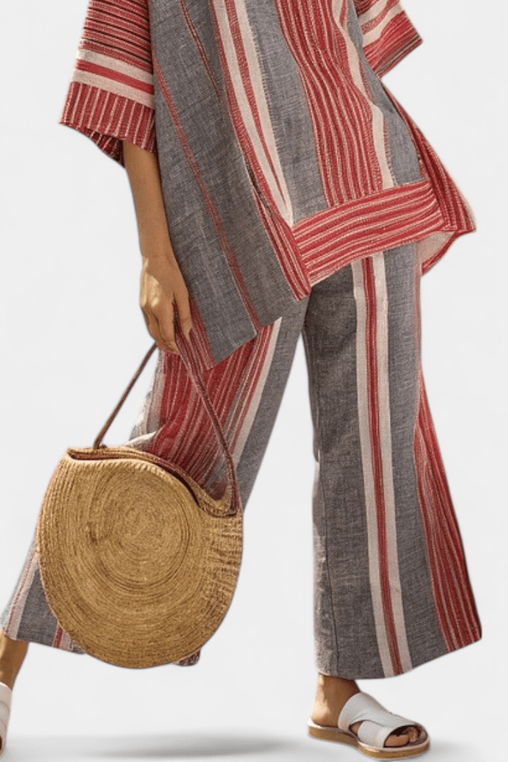 Bravine | Elegant Coral - Gray Linen Top & Wide - Leg Pants - Benjamin New York