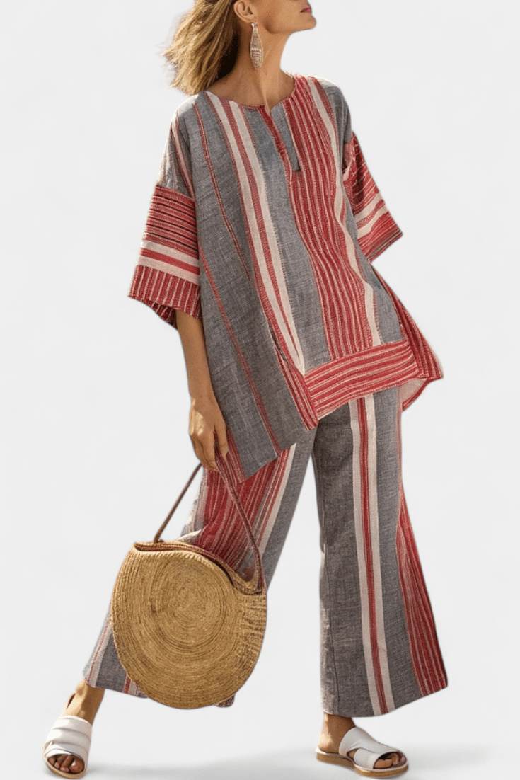 Bravine | Elegant Coral - Gray Linen Top & Wide - Leg Pants - Benjamin New York