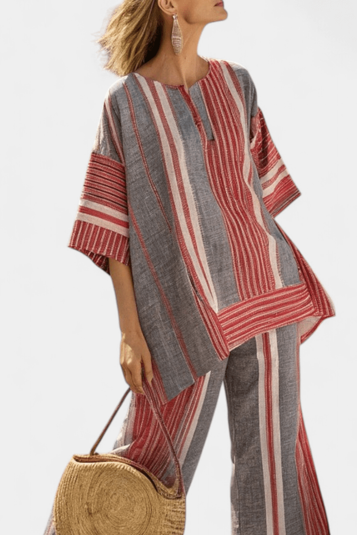 Bravine | Elegant Coral - Gray Linen Top & Wide - Leg Pants - Benjamin New York