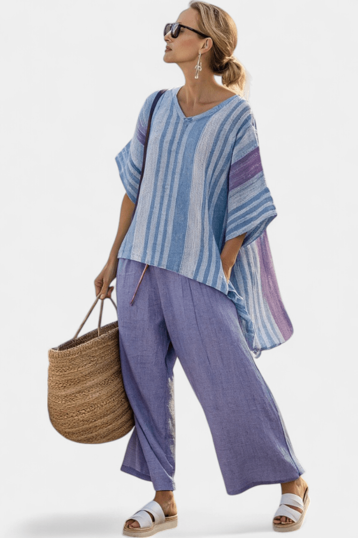 Zellora | Elegant Lavender & Sky Blue Top & Linen Pants - Benjamin New York
