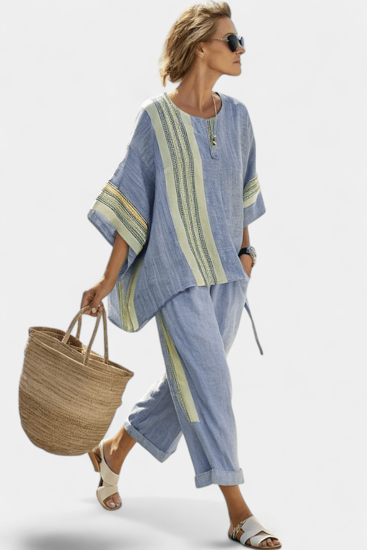 Elowric | Elegant Lavender Top & Mustard Striped Pants - Benjamin New York