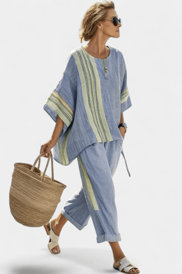 Elowric | Elegant Lavender Top & Mustard Striped Pants - Benjamin New York