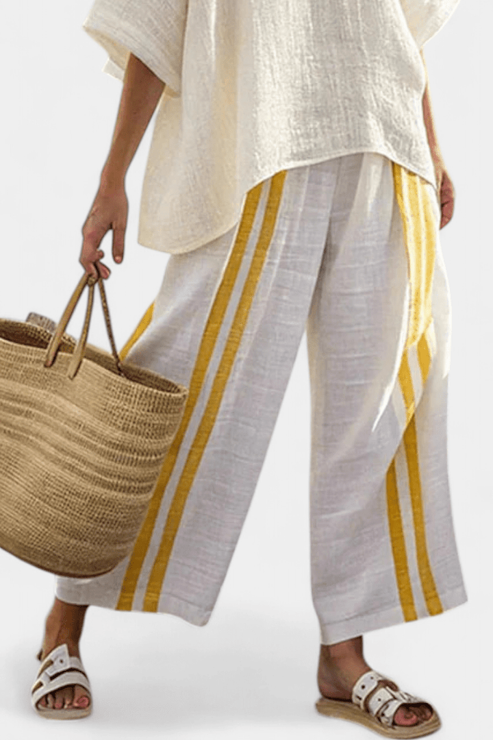 Anselor | Elegant Yellow Striped Linen Top & Wide - Leg Pants - Benjamin New York