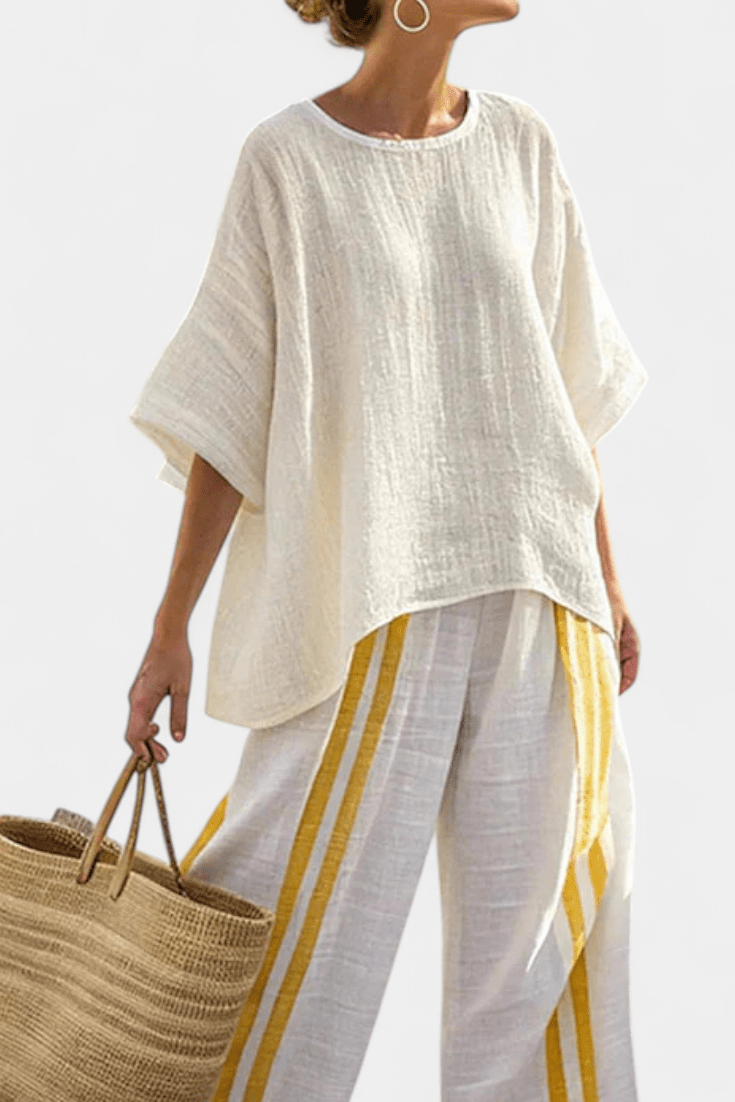 Anselor | Elegant Yellow Striped Linen Top & Wide - Leg Pants - Benjamin New York