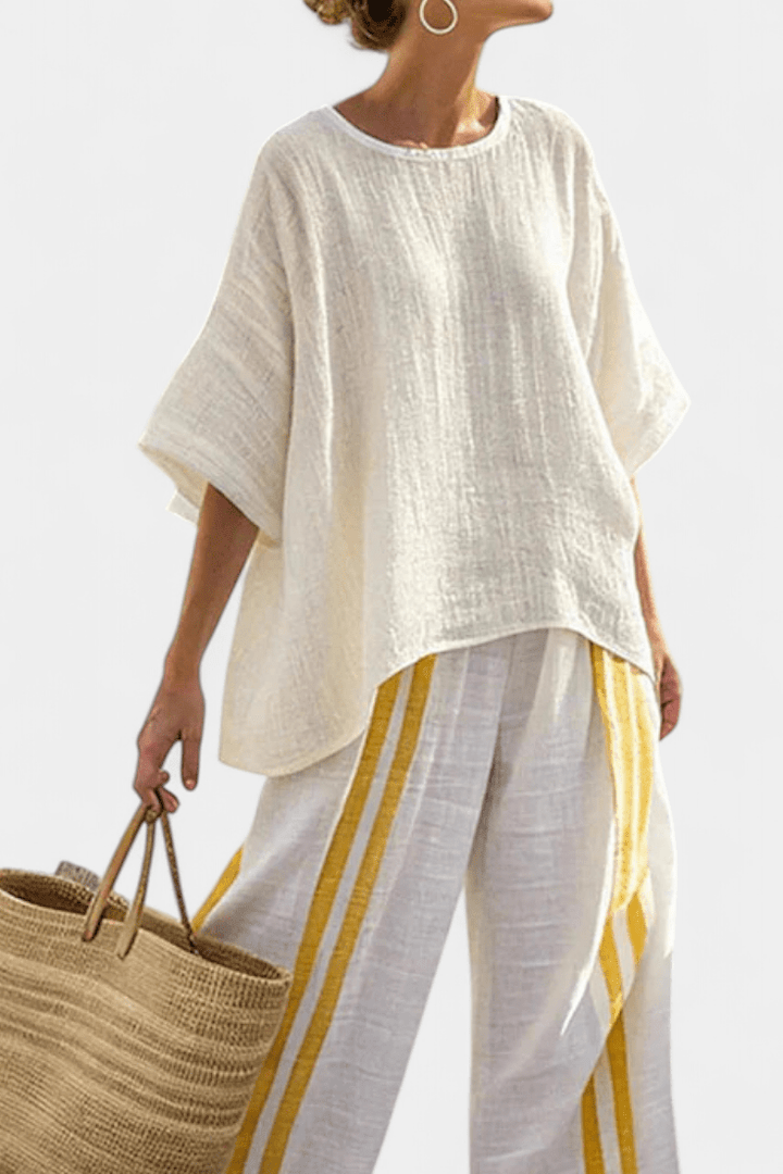 Anselor | Elegant Yellow Striped Linen Top & Wide - Leg Pants - Benjamin New York