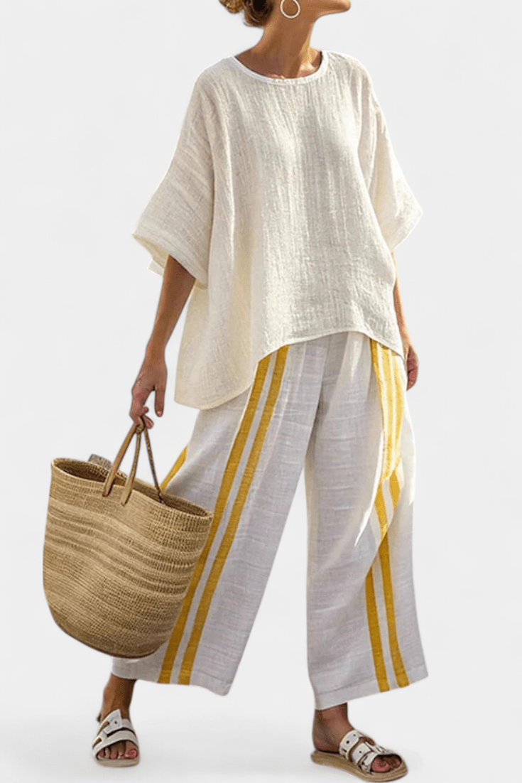 Anselor | Elegant Yellow Striped Linen Top & Wide - Leg Pants - Benjamin New York
