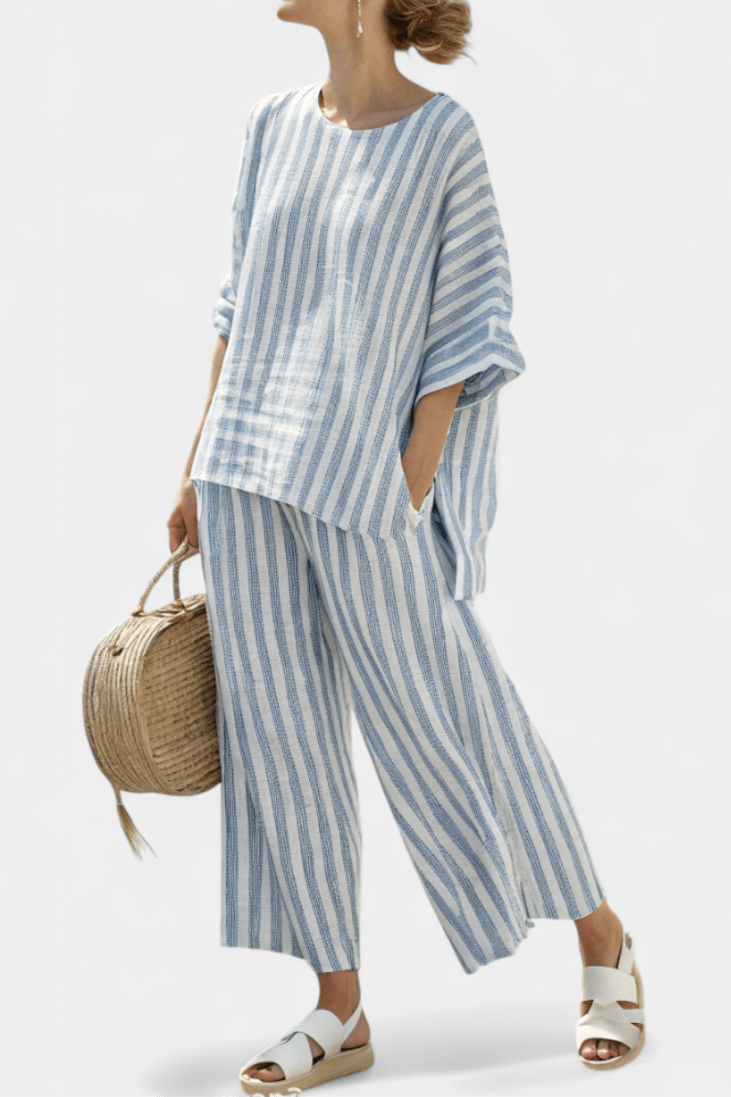 Rensleigh | Sophisticated Blue Striped Linen Top & Relaxed Pants - Benjamin New York