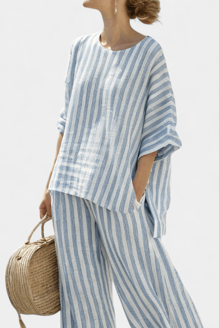 Rensleigh | Sophisticated Blue Striped Linen Top & Relaxed Pants - Benjamin New York