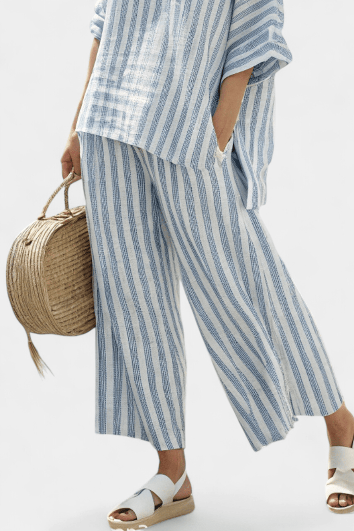 Rensleigh | Sophisticated Blue Striped Linen Top & Relaxed Pants - Benjamin New York