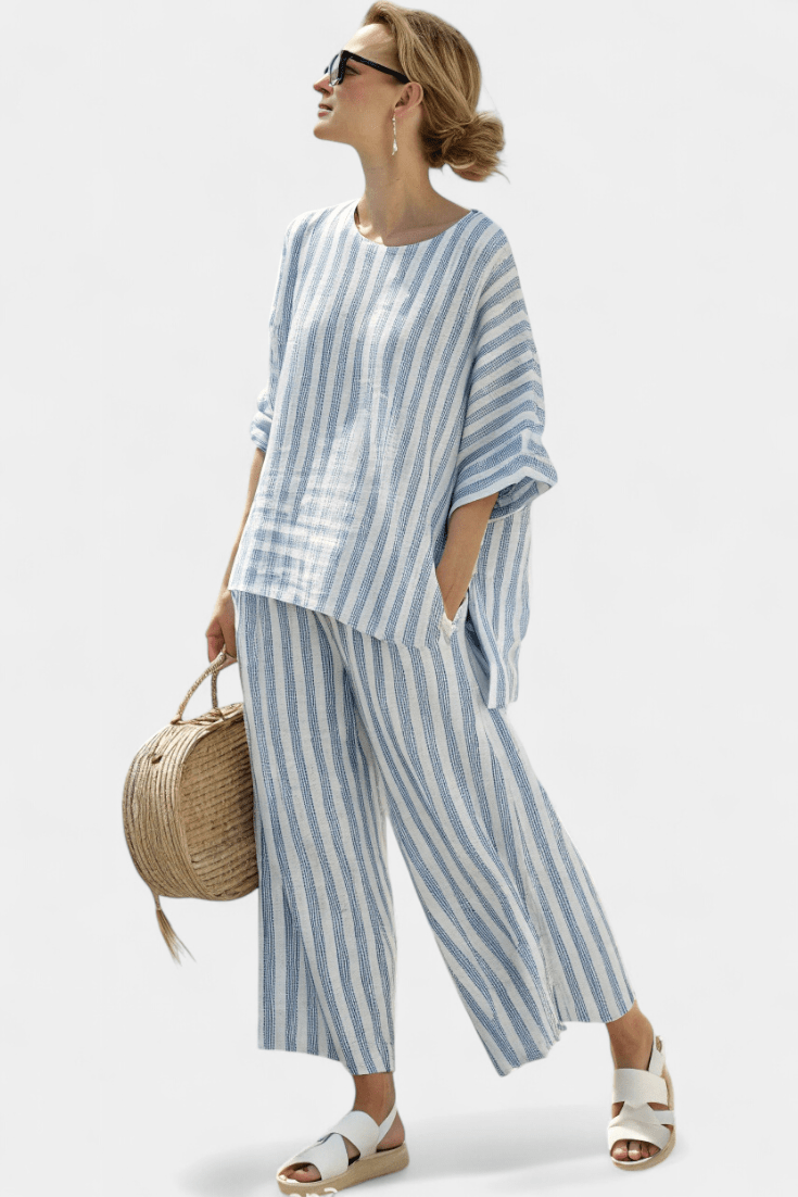 Rensleigh | Sophisticated Blue Striped Linen Top & Relaxed Pants - Benjamin New York
