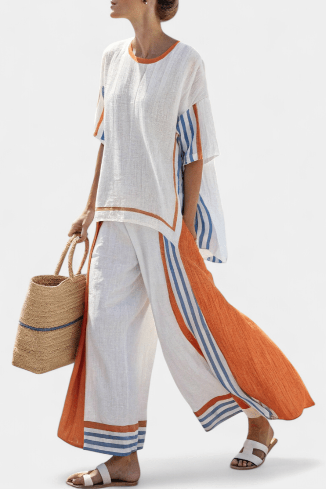 Thorneil | Comfortable Wide - Leg Striped Pants & Linen Top - Benjamin New York