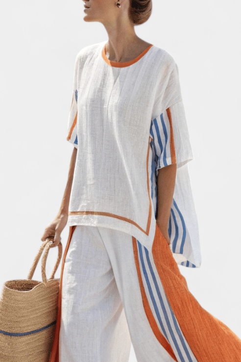 Thorneil | Comfortable Wide - Leg Striped Pants & Linen Top - Benjamin New York