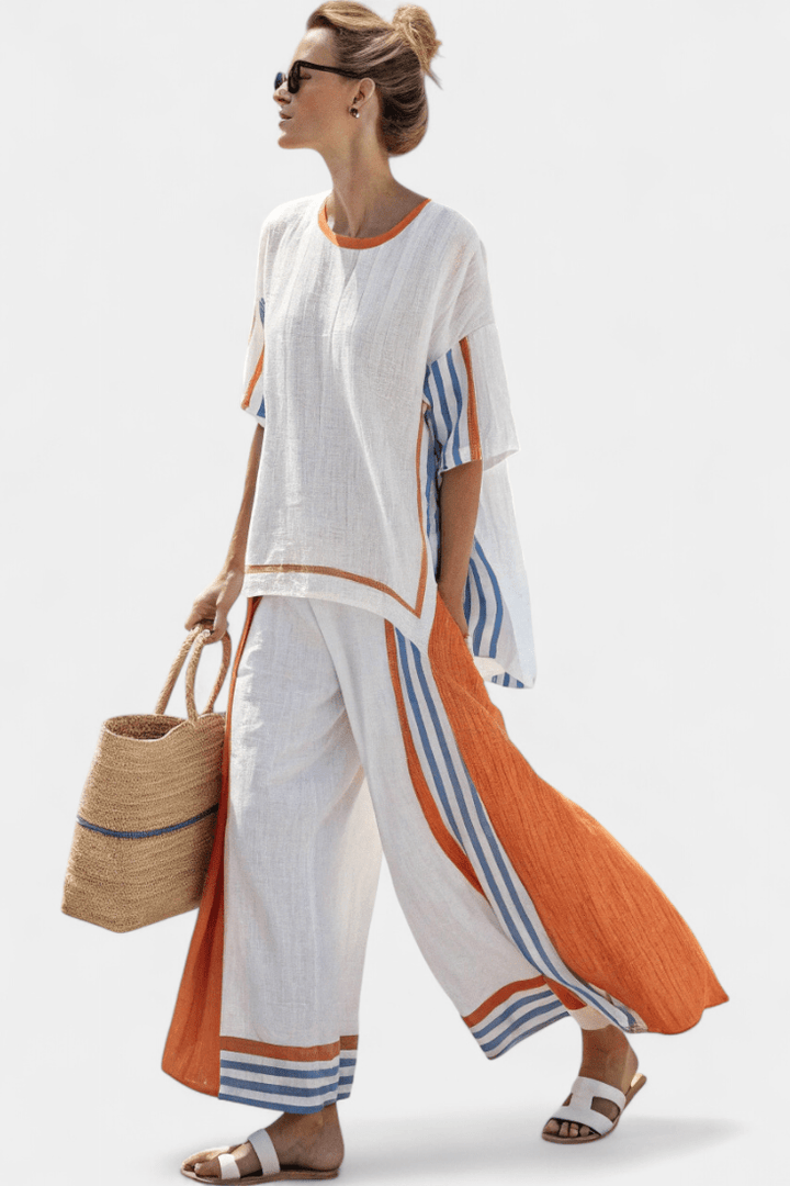 Thorneil | Comfortable Wide - Leg Striped Pants & Linen Top - Benjamin New York