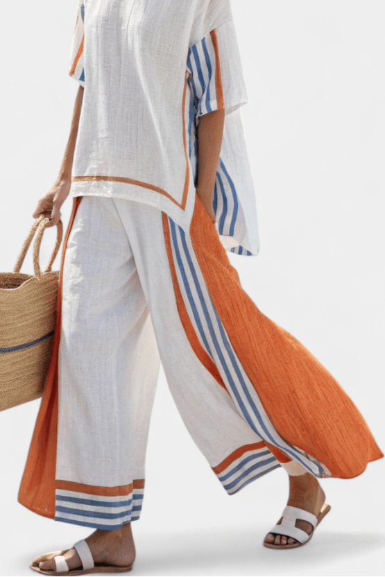 Thorneil | Comfortable Wide - Leg Striped Pants & Linen Top - Benjamin New York