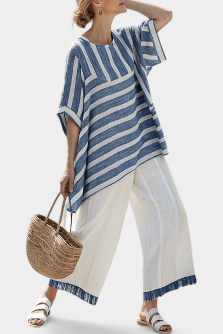 Corvielle | Sophisticated Blue Striped Top & Hem - Detailed Pants - Benjamin New York