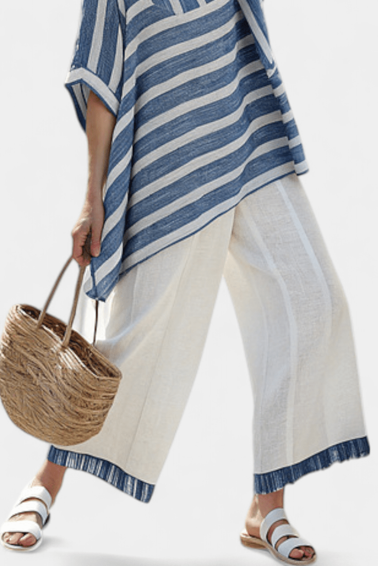 Corvielle | Sophisticated Blue Striped Top & Hem - Detailed Pants - Benjamin New York