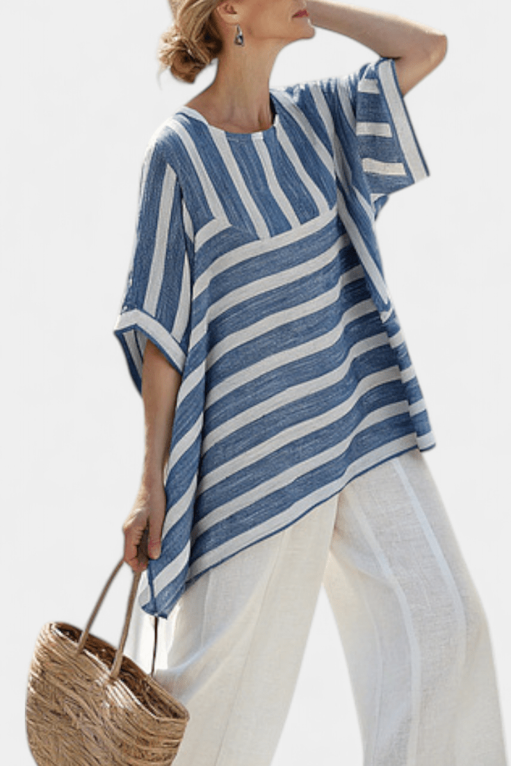 Corvielle | Sophisticated Blue Striped Top & Hem - Detailed Pants - Benjamin New York