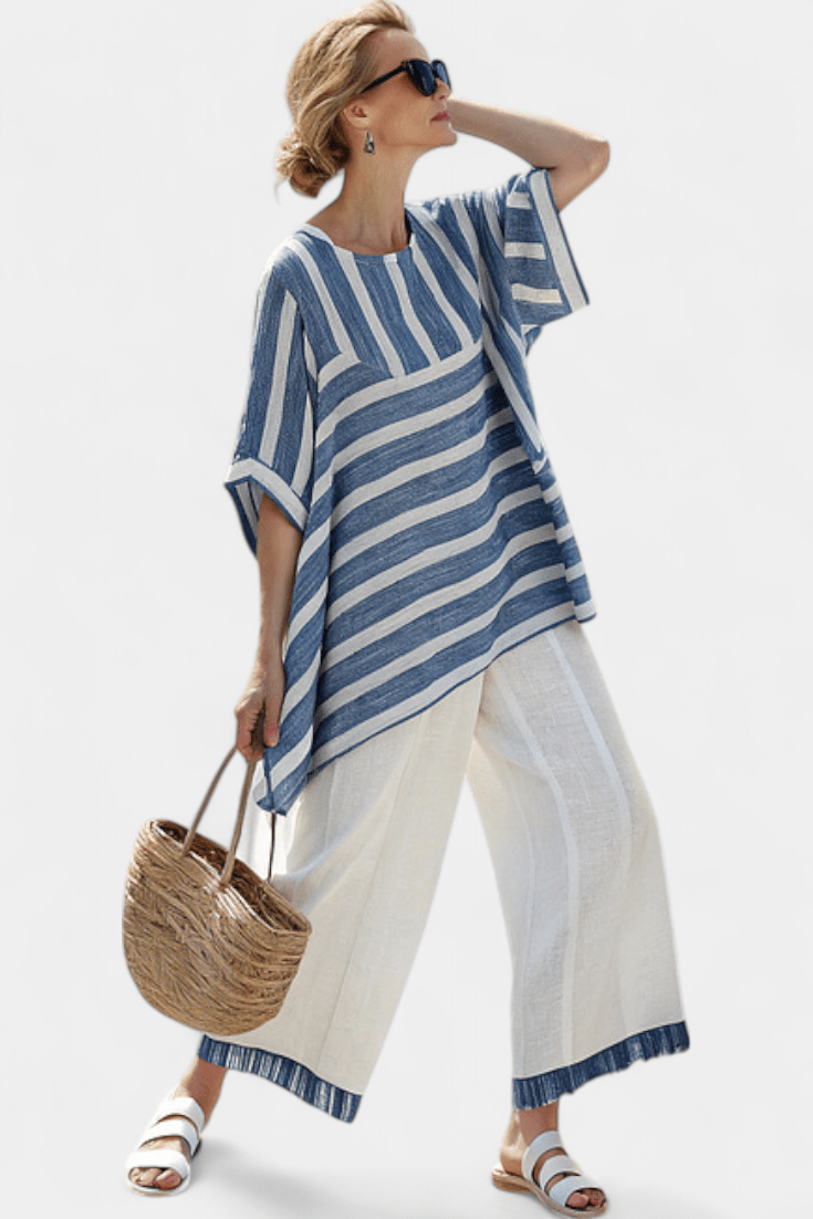 Corvielle | Sophisticated Blue Striped Top & Hem - Detailed Pants - Benjamin New York