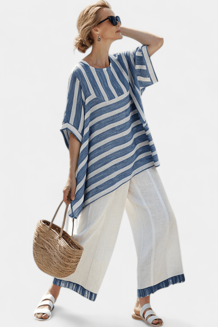 Corvielle | Sophisticated Blue Striped Top & Hem - Detailed Pants - Benjamin New York