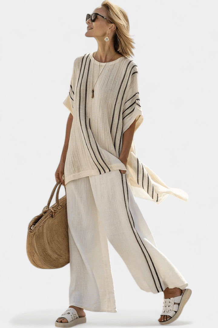 Greysen | Elegant Ivory Linen Blouse & Black Striped Pants - Benjamin New York