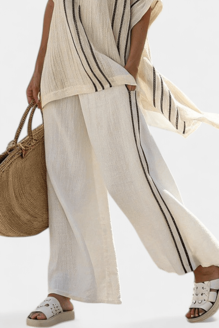 Greysen | Elegant Ivory Linen Blouse & Black Striped Pants - Benjamin New York