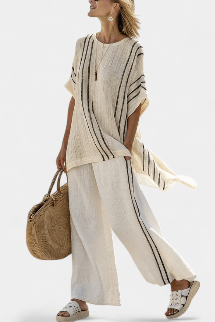 Greysen | Elegant Ivory Linen Blouse & Black Striped Pants - Benjamin New York
