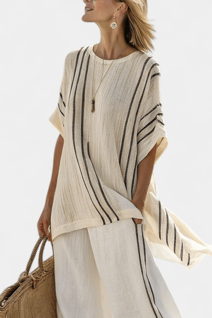 Greysen | Elegant Ivory Linen Blouse & Black Striped Pants - Benjamin New York