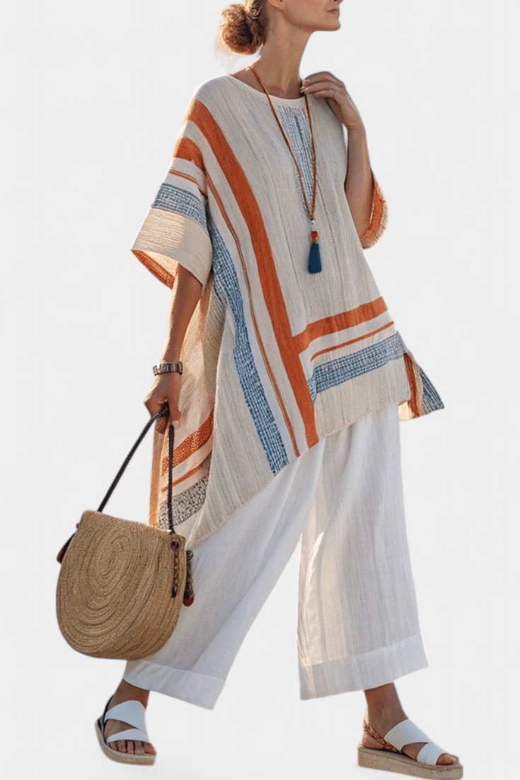 Caevan | Sophisticated Asymmetrical Blouse & Wide - Leg Linen Pants - Benjamin New York