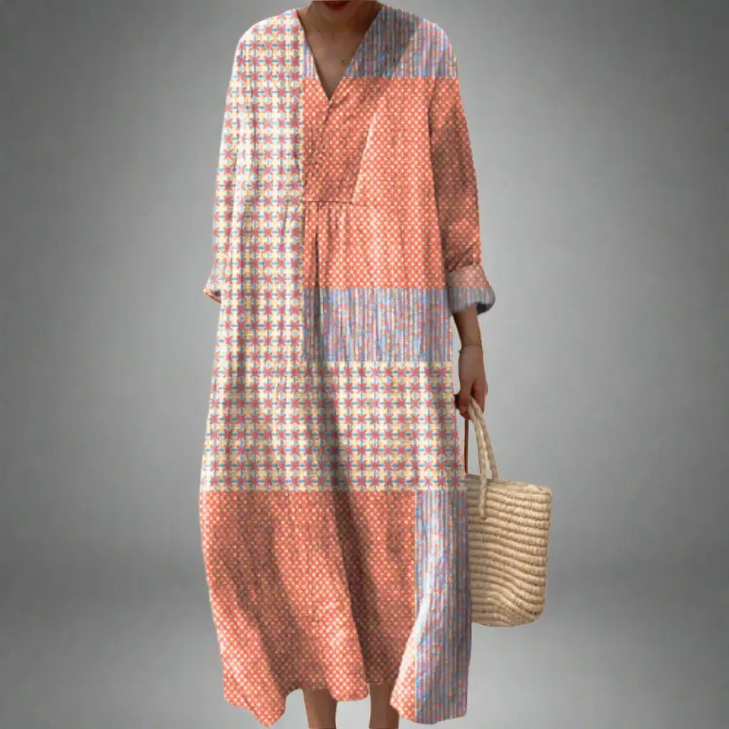 Nora | Coral Starburst Patchwork Midi Dress - Benjamin New York