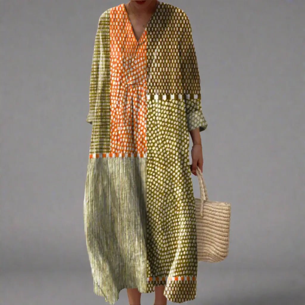 Vivienne | Earthy Patchwork Dotted Midi Dress - Benjamin New York