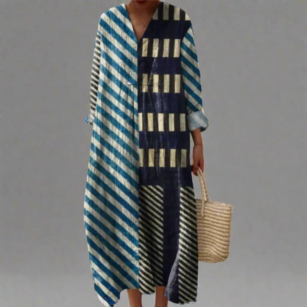 Martha | Modern Patchwork Striped Midi Dress - Benjamin New York
