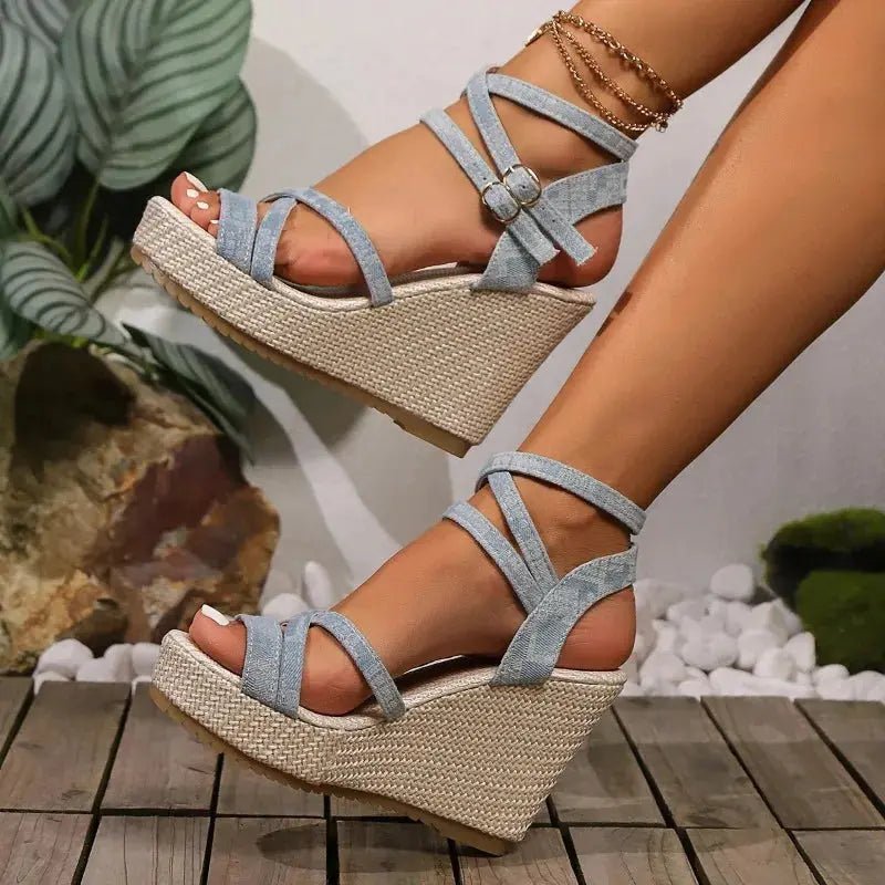 Chloe™| Denim Wedged Heel Sandals - Benjamin New York