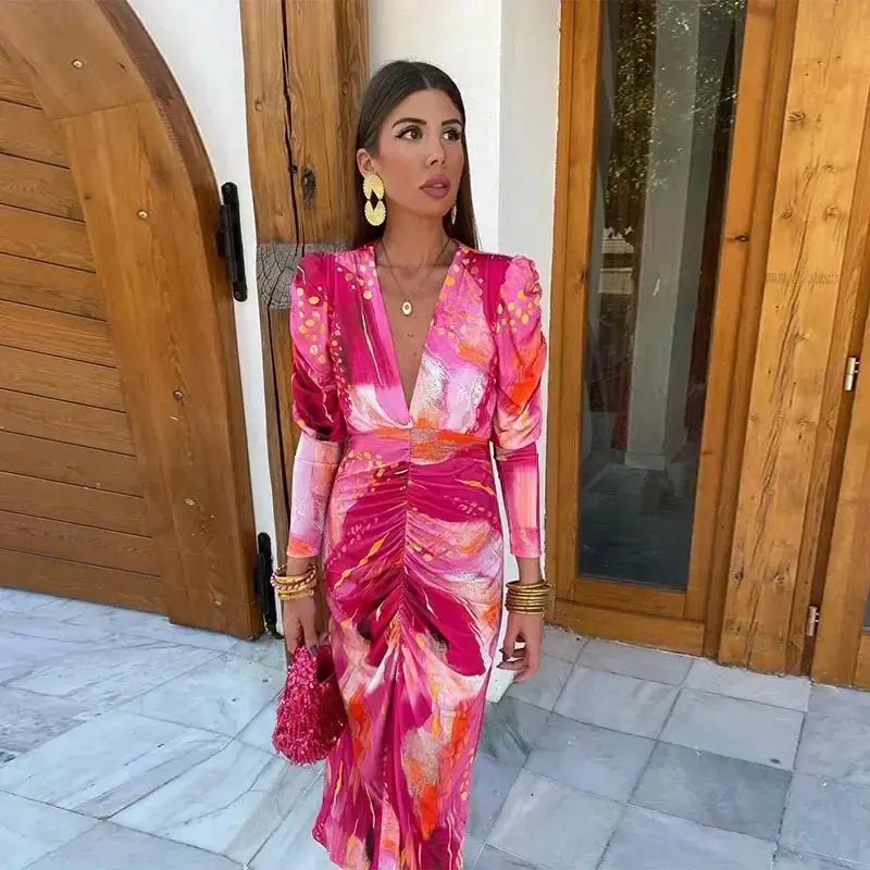 Valeria | Abstract Sunset Ruched Midi Dress - Benjamin New York