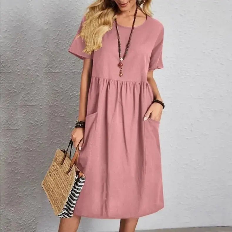 Mira | Navy Short - Sleeve Gathered Midi Dress - Benjamin New York